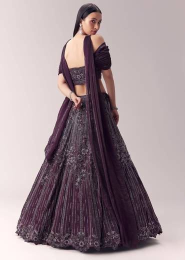 Wine Embellished Lehenga and Choker Dupatta Blouse