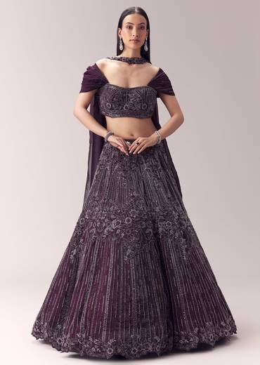 Wine Embellished Lehenga and Choker Dupatta Blouse