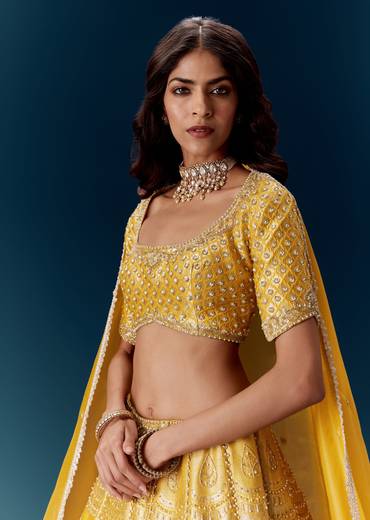 Yellow Banarasi Embroidered Bridal Lehenga With Dupattas