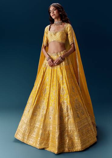 Yellow Banarasi Embroidered Bridal Lehenga With Dupattas