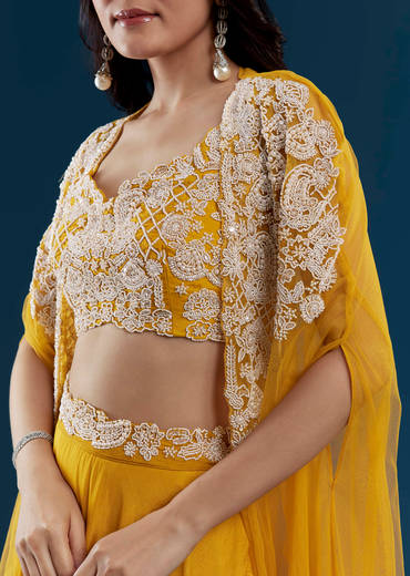 Yellow Chinon Crop Top Palazzo Set with Cape