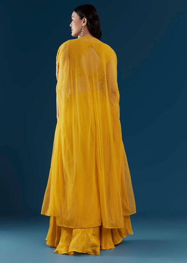 Yellow Chinon Crop Top Palazzo Set with Cape