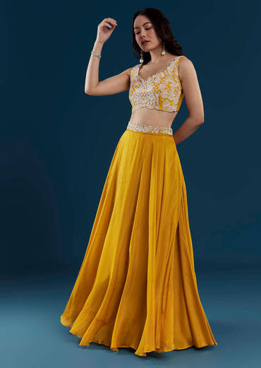 Yellow Chinon Crop Top Palazzo Set with Cape