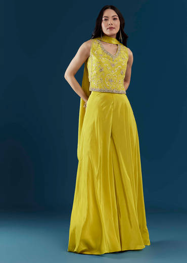 Yellow Crop Top Palazzo Set with Moti Work