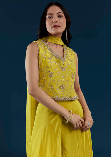 Yellow Crop Top Palazzo Set with Moti Work