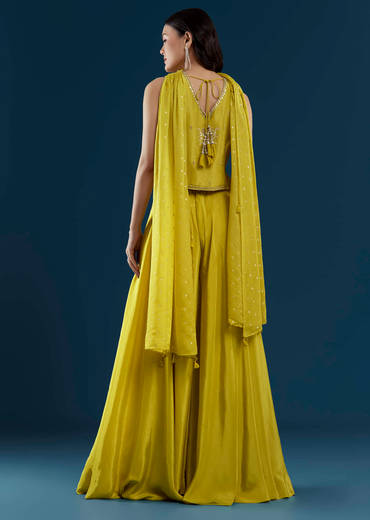 Yellow Crop Top Palazzo Set with Moti Work
