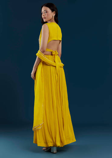 Yellow Fusion Crop Top Skirt Set with Zardozi Work