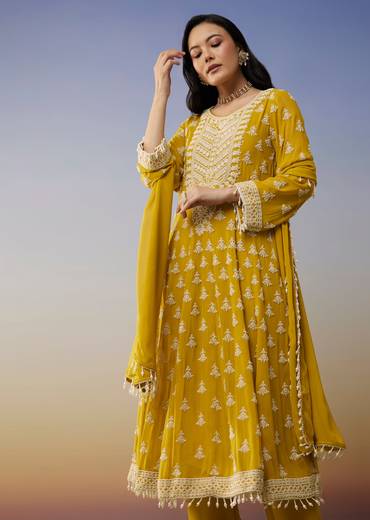 Yellow Georgette Anarkali Suit with Beads Detail Work