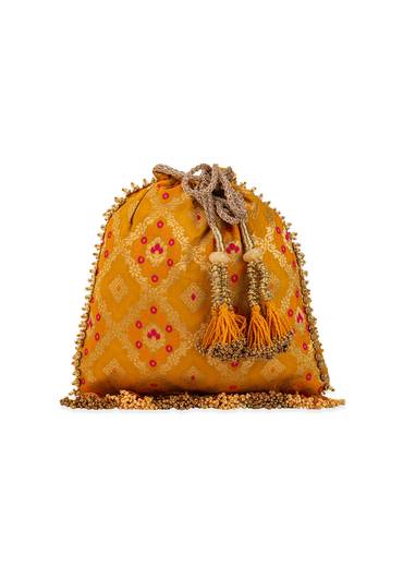 Yellow Mirror Embellished Silk Potli Bag