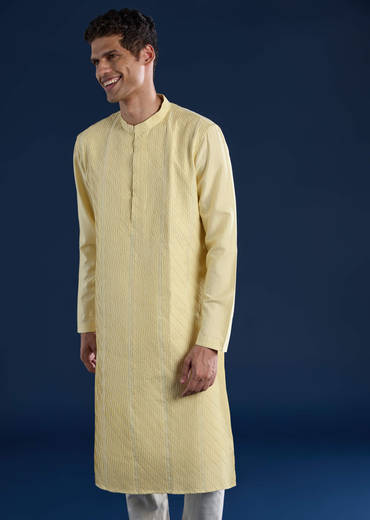 Yellow Pintuck Mens Kurta and Pant Set