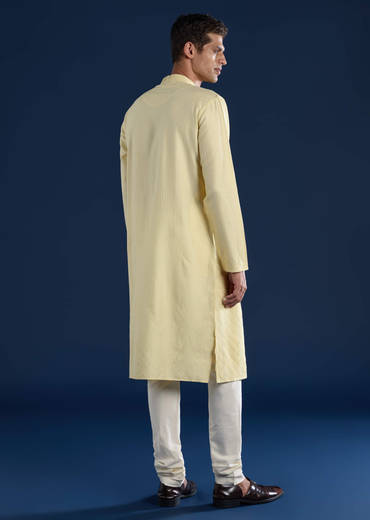 Yellow Pintuck Mens Kurta and Pant Set