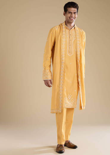Yellow Resham Work Mens Kurta Set with Dupatta