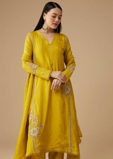 Yellow Sequin Embellished A-Line Anarkali Set