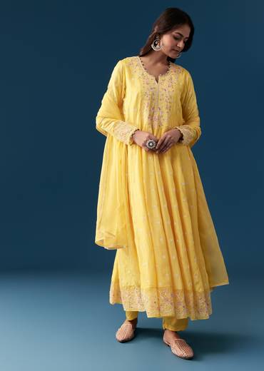 Yellow Silk Anarkali Suit With Resham And Sequins Work