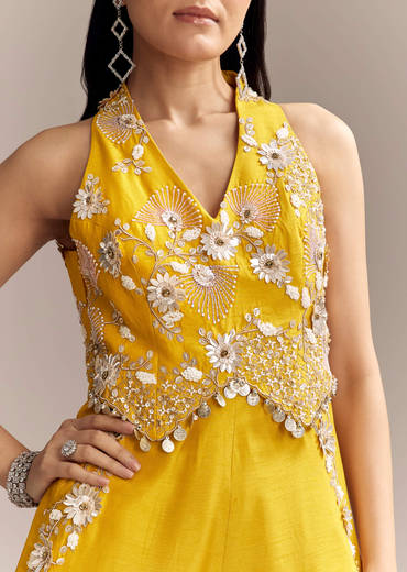 Yellow Georgette Embellished Crop Top And Palazzo Set With Cutdana Work