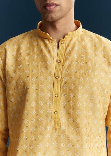 Yellow Silk Kurta Set With Minimal Thread Detail