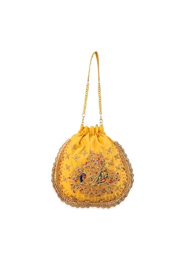 Yellow Silk Peacock Motif Embroidered Potli Bag