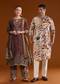 Heritage Maroon Elegance Couple Set – Maroon Printed Zari Kurta Set with Pant and Dupatta for Her And Cream Embroidered Rawsilk Kurta Set for Him