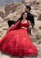 Ruby Red Satin Bridal Lehenga For Her & Black Embroidered Tuxedo For Him