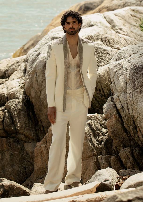 Ivory Tuxedo Set With Metallic Embroidered Blazer