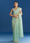 Aqua Blue Organza Tissue Saree With Cutdana And Beads Scallop Border