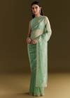Aqua Green Organza Embroidered Saree With Scallop Border