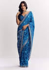 Blue Satin Ikat Printed Saree With Gota And Mirror Embroidery