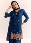 Blue Zardosi Work Dola Silk Kurta Set With Dupatta In Organza