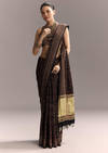 Dark Blue Linen Saree With Authentic Ajrakh Print And Golden Pallu