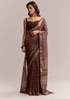 Dark Brown Linen Printed Saree With Authentic Ajrakh Print
