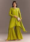 Green Chinon Asymmetrical Cut Kurta Sharara With Dupatta