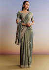 Greyish Blue Tissue Saree With French Knot Resham Embroidery