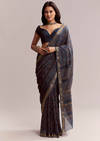 Ink Blue Linen Printed Saree With Hand Block Ajrakh Leaf Print