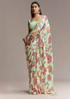 Mint Green Floral Crepe Saree With Scallop Border