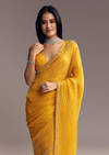 Mustard Yellow Organza Saree With Scallop Border And Stone Work