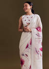 Off White Cotton Linen Saree With Artistic Floral Print