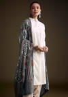 Off White Khadi Dhoti Suit With Blue Hand Dyed Ajrakh Dupatta