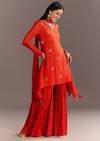 Orange Chinon Asymmetrical Cut Kurta Sharara With Dupatta