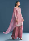 Onion pink Silk Kurta Sharara Suit With Moti Cutdana Work