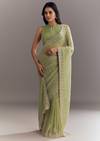 Pista Green Tissue Saree With Leaf Motif Embroidery In Sequins And Cutdana