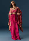 Rani Pink Embellished Blouse And Drape Skirt Set With Statement Cape