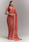 Red Banarasi Georgette Embroidered Saree With Heavy Hand Embroidery