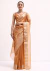 Orangish Gold Zari Chanderi Silk Saree With Unstitched Blouse