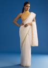 White Crepe Silk Saree With Mirror Scallop Contrast Border And Yellow Blouse