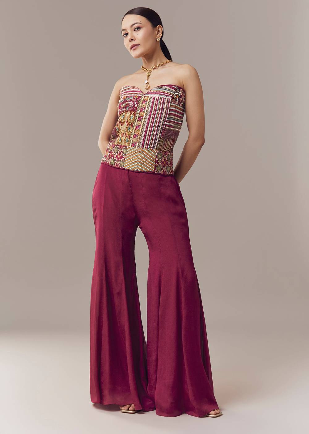 Wine Corset Crop Top And Pants Set With Thread And Sequins Work