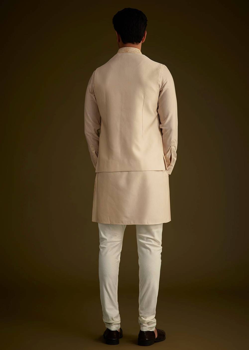 Beige Silk Blend Kurta Set With Embroidered Nehru Jacket