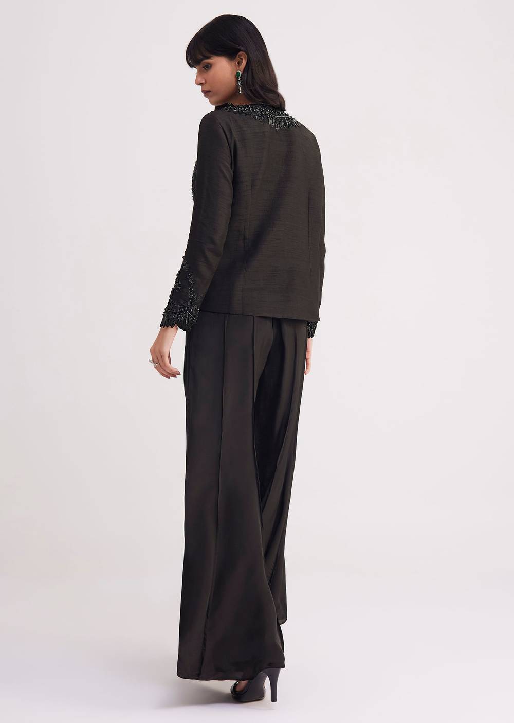 Black Crop Top With Flared Satin Palazzo