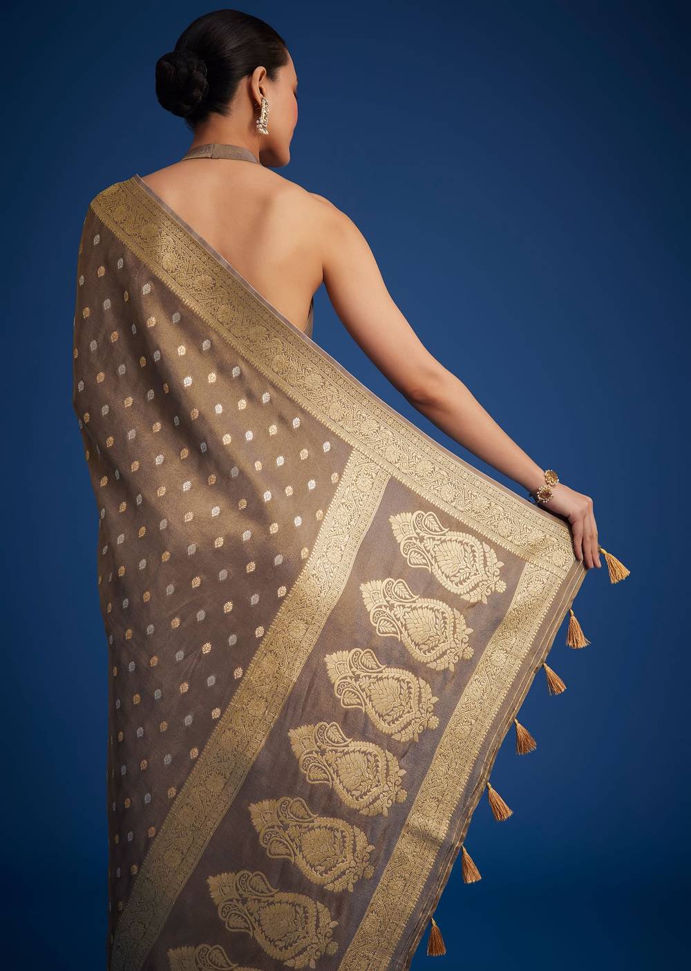 Brownish Grey Tissue Silk Saree With Zari Border And Butti Work