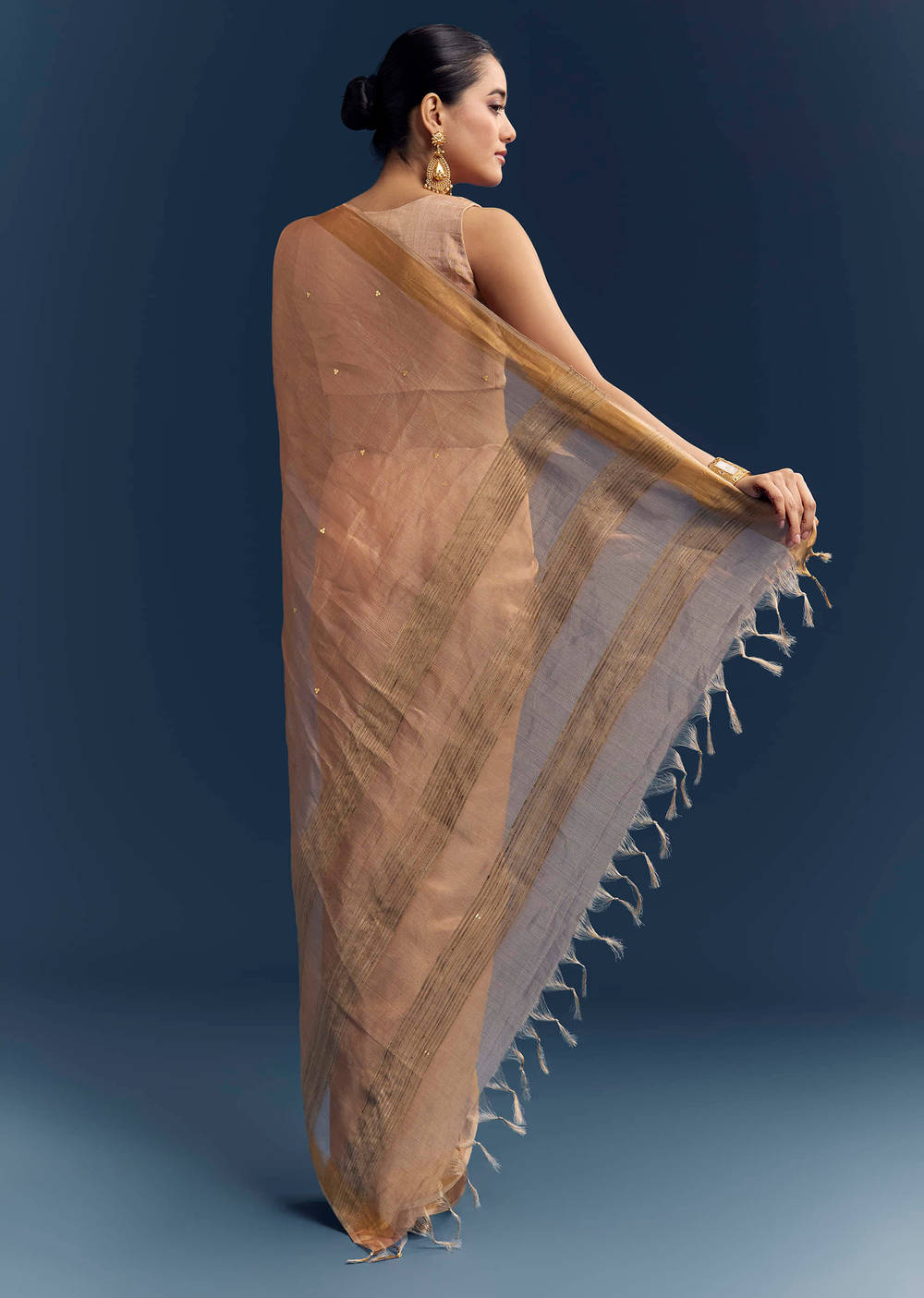 Copper Tissue Organza Woven Saree With Golden Zari Work