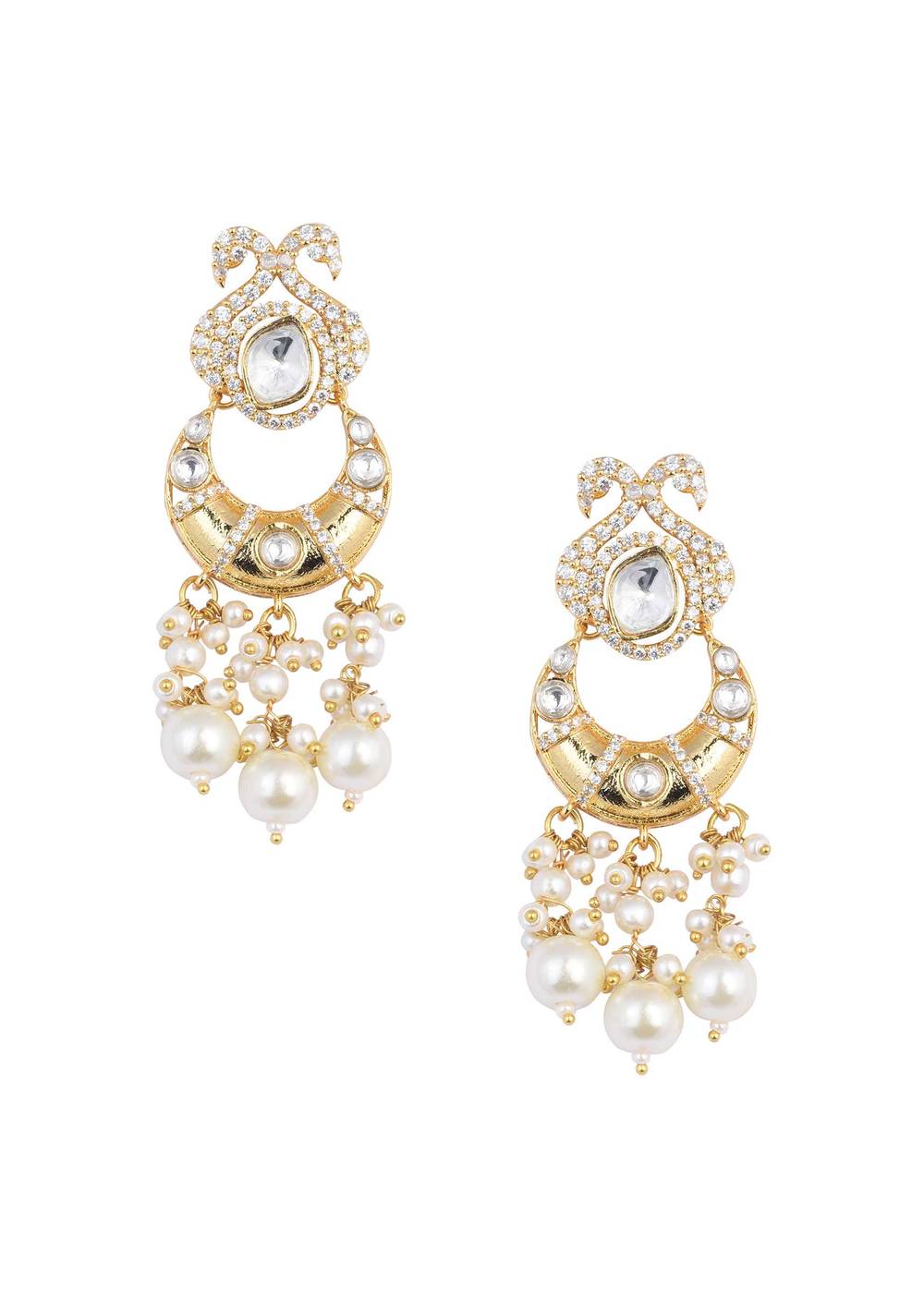 Gold Finish Kundan Chandbalis With Pearl Drops